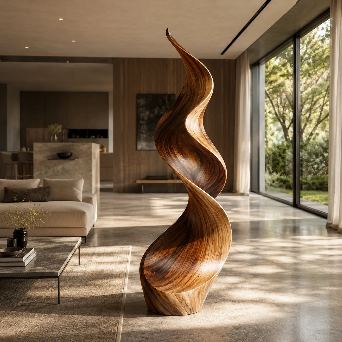 Handcrafted Solid Wood Flame Sculpture – Modern Organic Floor Art for Living Room TT006-7224