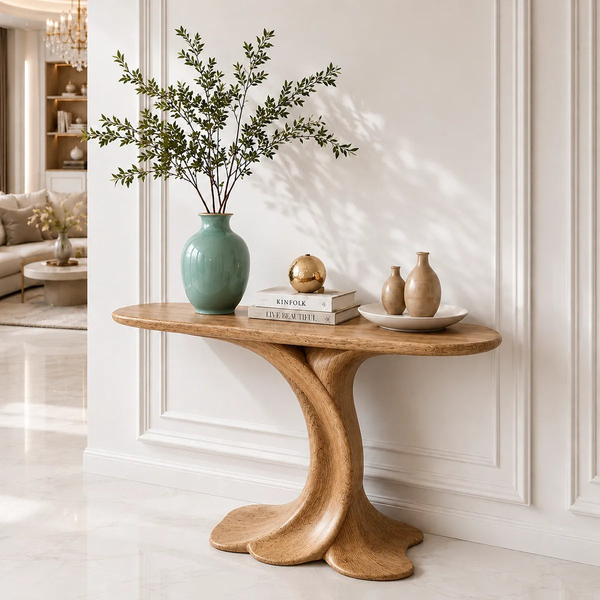 Sculptural Wooden Console Table for Entryway and Living Room Decor