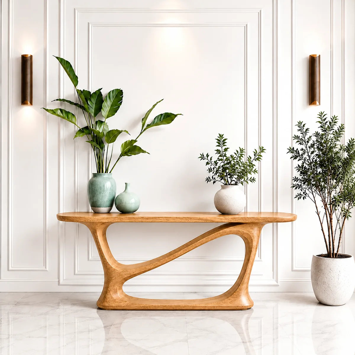 Handcrafted Solid Wood Console Table with Sculptural Base
