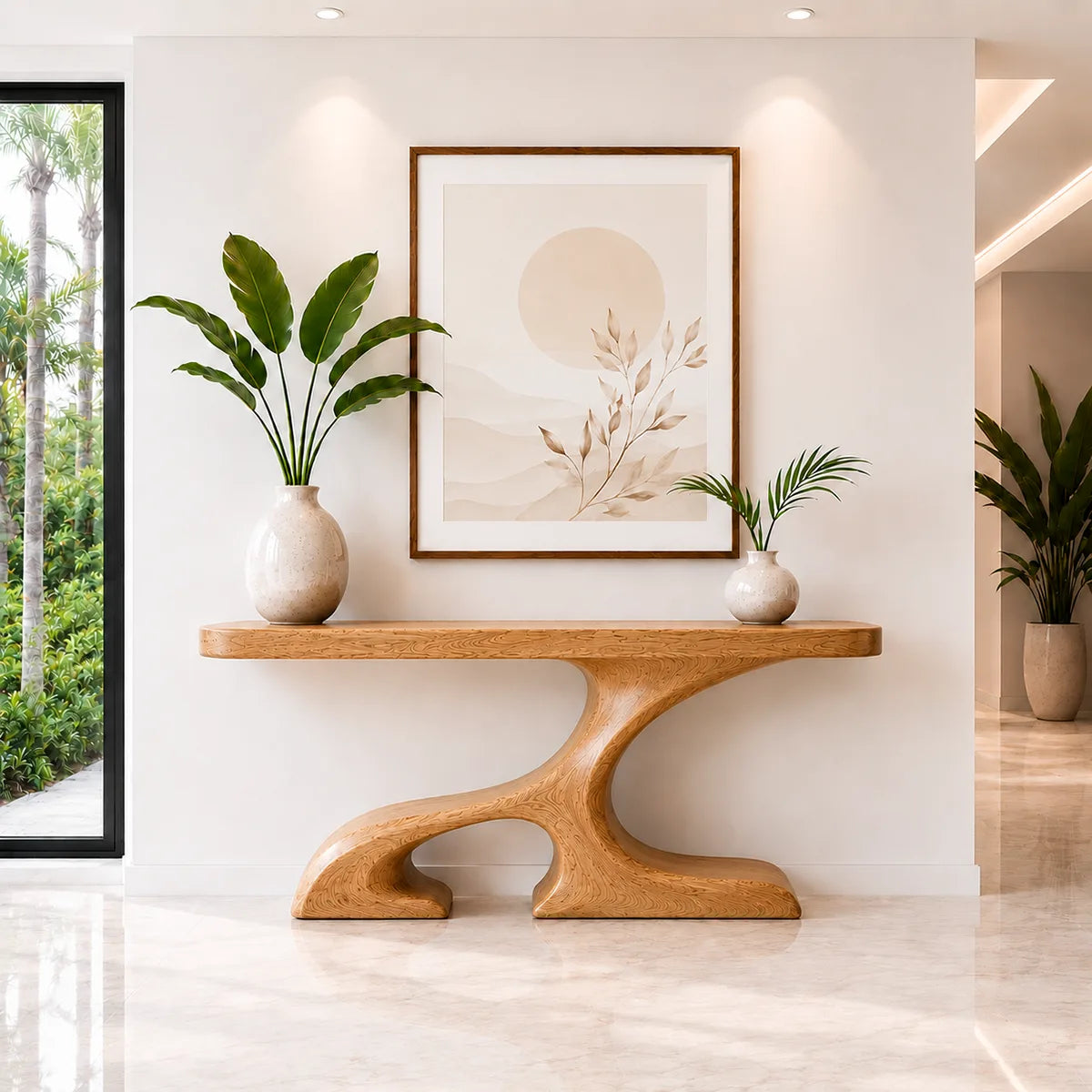 Sculptural Wood Console Table with Curved Base for Entryway Decor