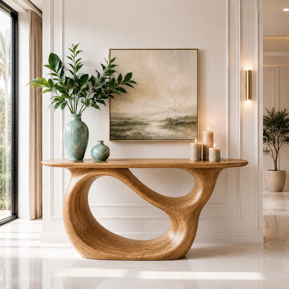 Sculptural Wood Console Table with Oval Cutout Base for Entryway