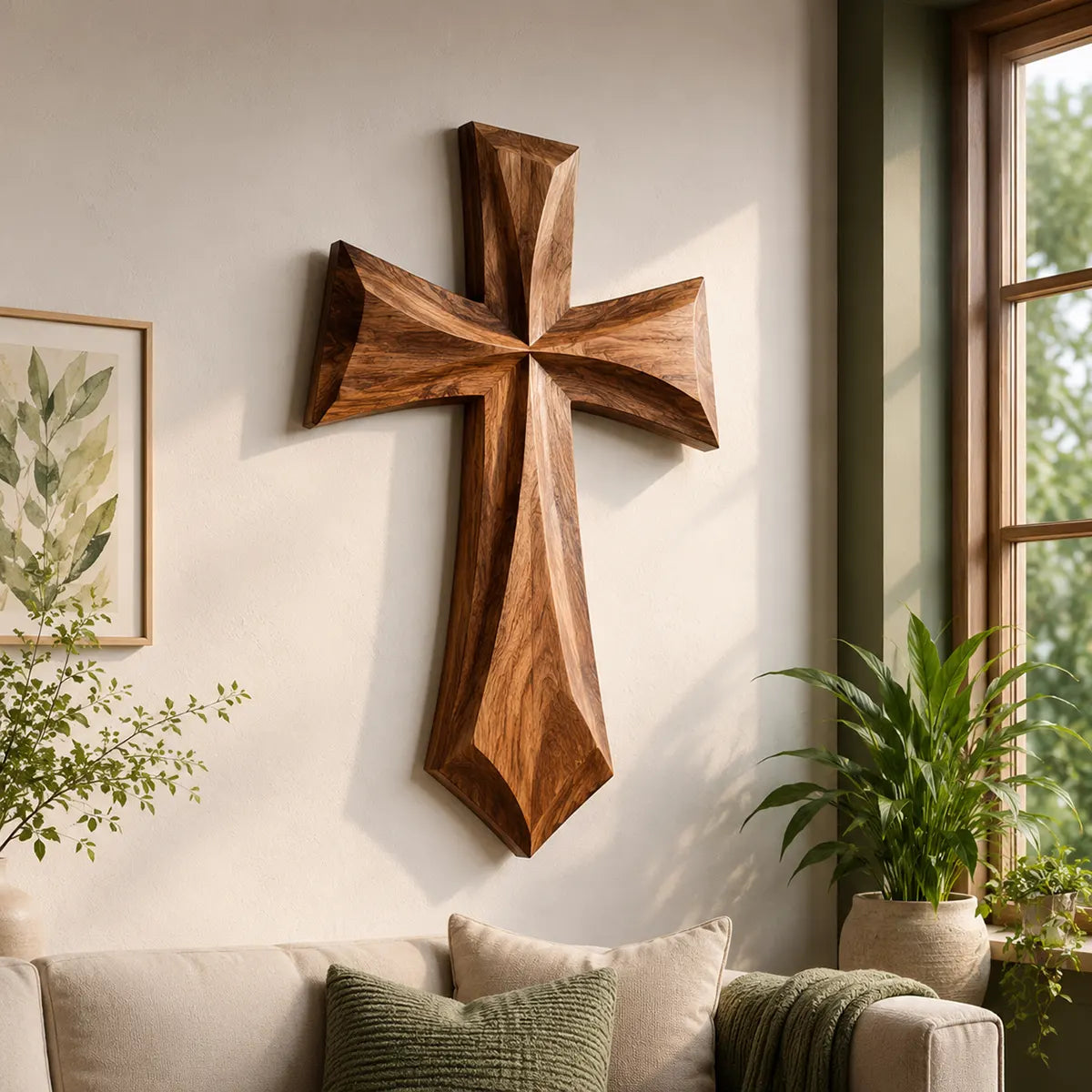 Wooden Cross Wall Art | Large Hand-Carved Christian Cross Wall Decor for Living Room, Prayer Room & Farmhouse Home TT006-2585