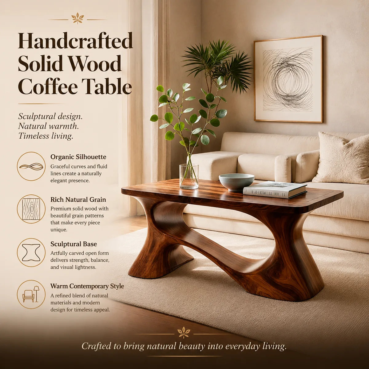 Handcrafted Solid Wood Coffee Table with Sculptural Curved Base TT006-4462