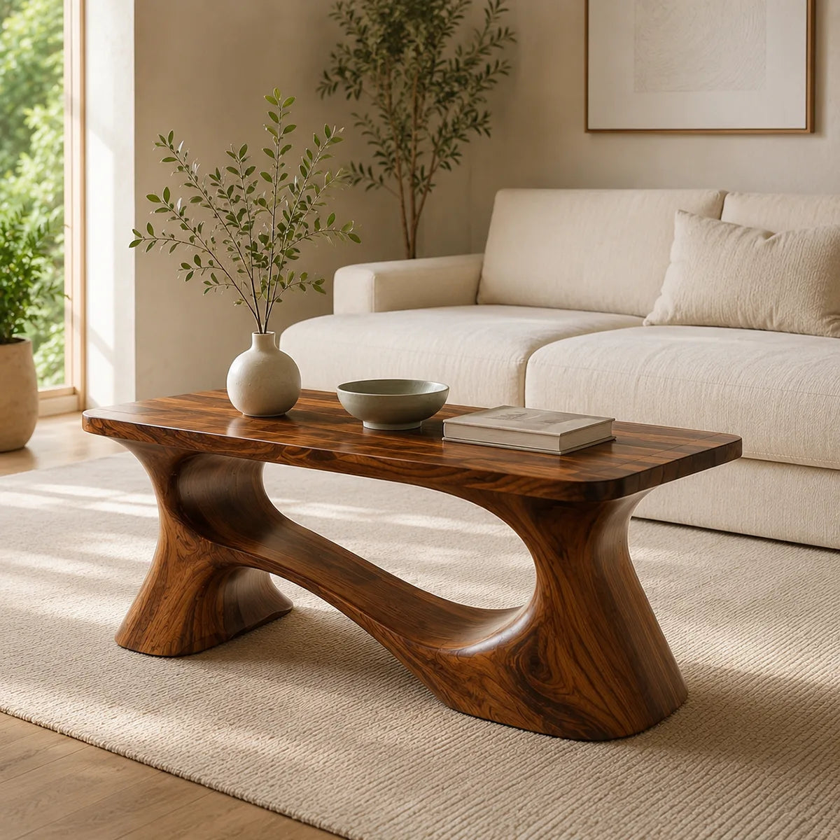 Handcrafted Solid Wood Coffee Table with Sculptural Curved Base TT006-4462