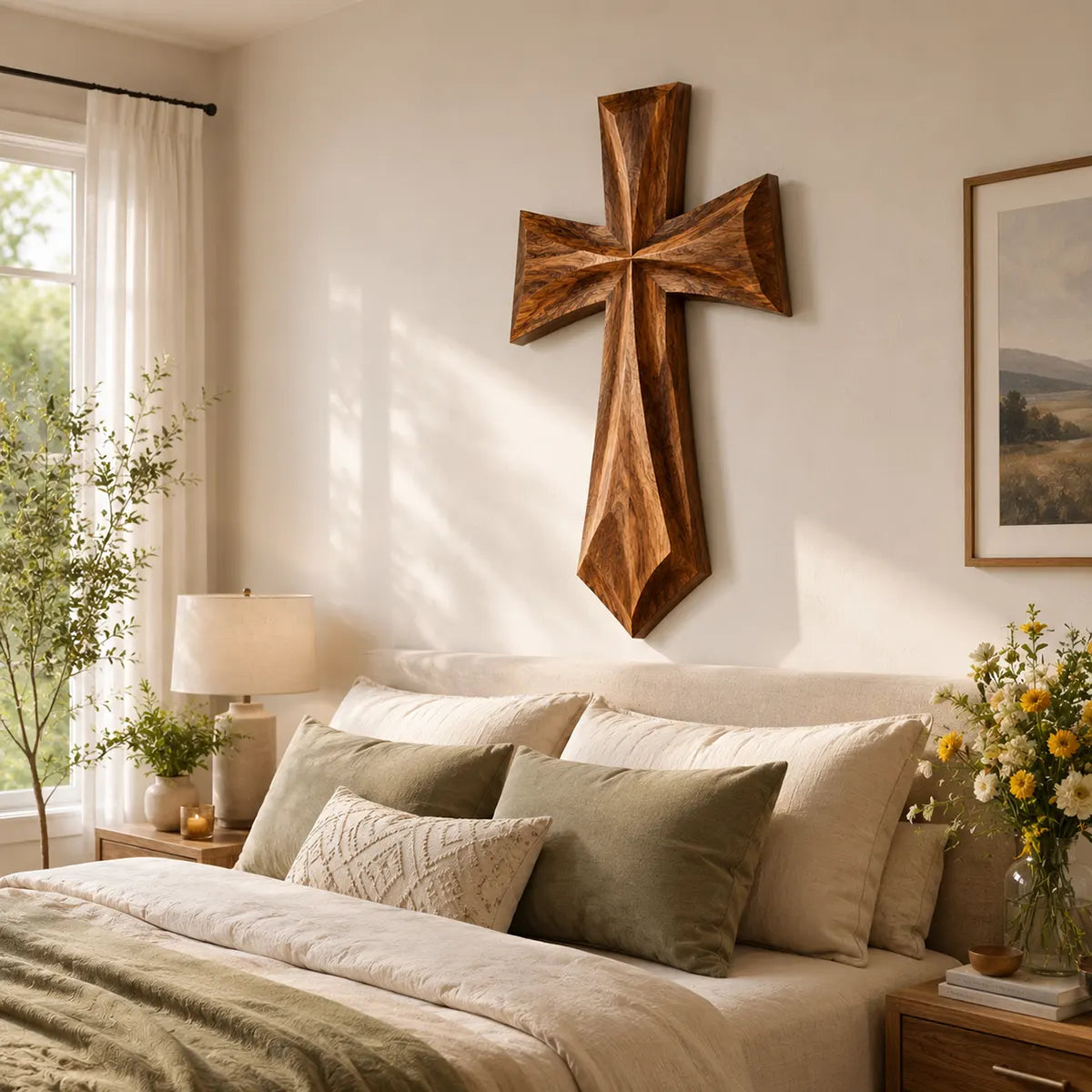 Wooden Cross Wall Art | Large Hand-Carved Christian Cross Wall Decor for Living Room, Prayer Room & Farmhouse Home TT006-2585