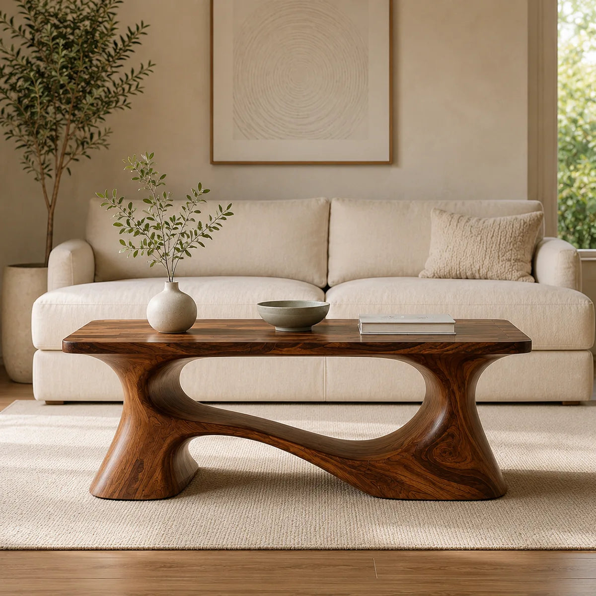 Handcrafted Solid Wood Coffee Table with Sculptural Curved Base TT006-4462