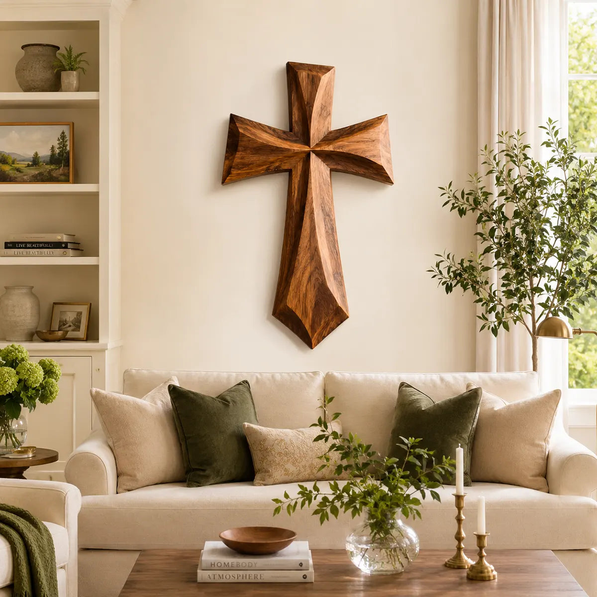 Wooden Cross Wall Art | Large Hand-Carved Christian Cross Wall Decor for Living Room, Prayer Room & Farmhouse Home TT006-2585