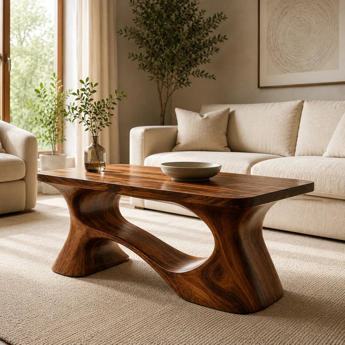 Handcrafted Solid Wood Coffee Table with Sculptural Curved Base TT006-4462
