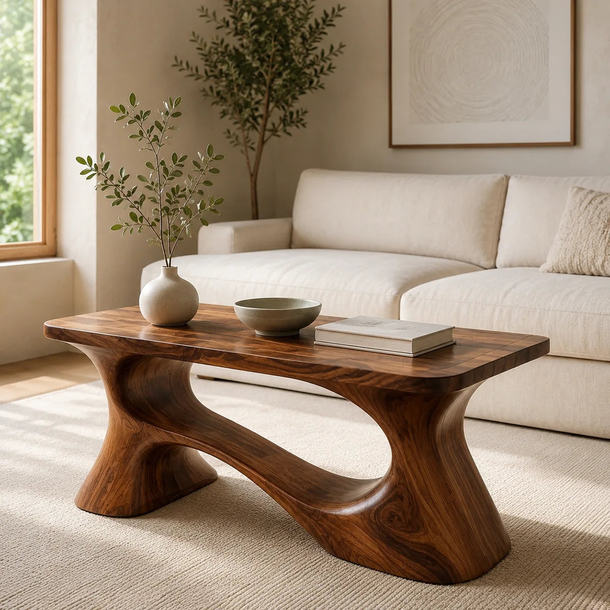 Handcrafted Solid Wood Coffee Table with Sculptural Curved Base TT006-4462