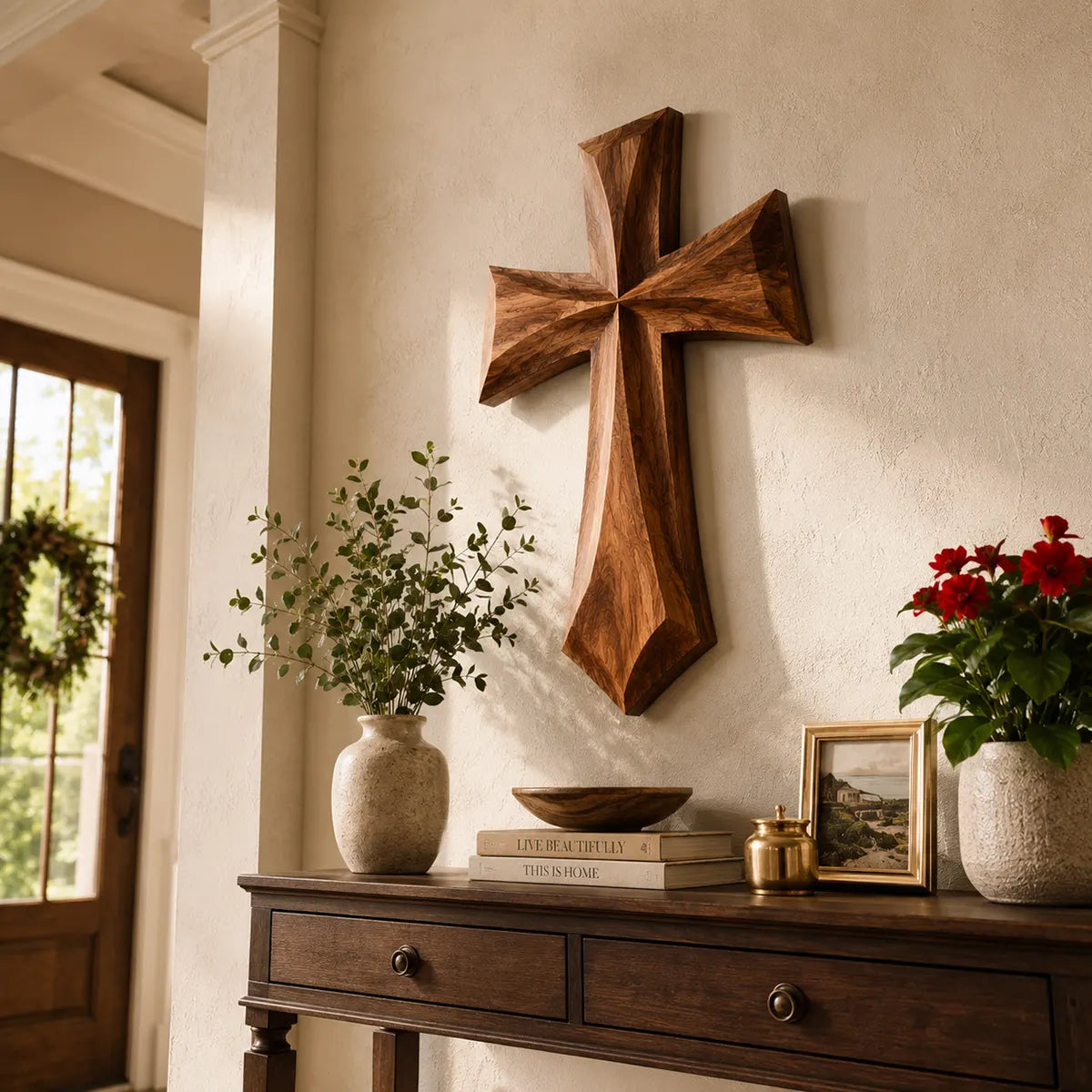 Wooden Cross Wall Art | Large Hand-Carved Christian Cross Wall Decor for Living Room, Prayer Room & Farmhouse Home TT006-2585