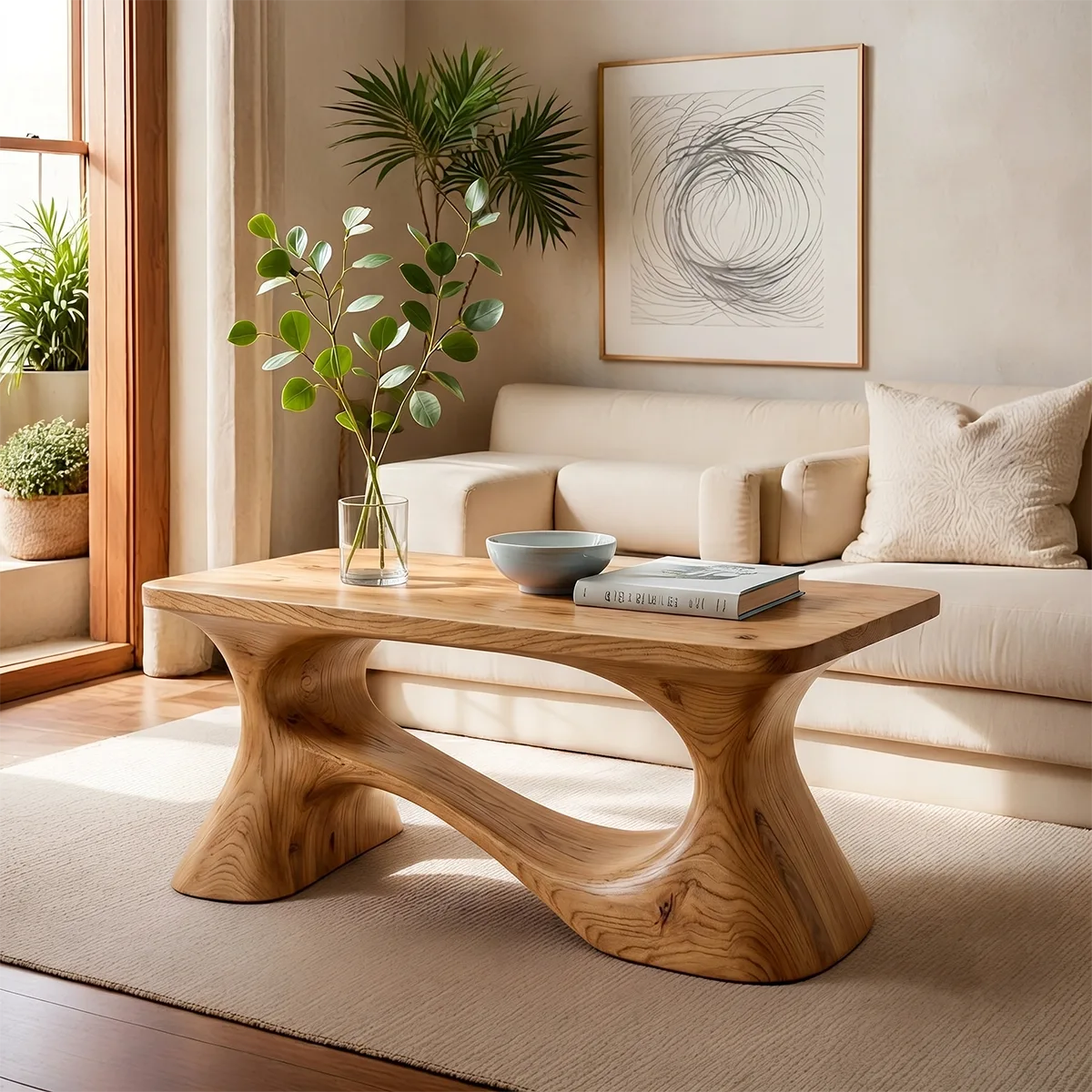 Handcrafted Solid Wood Coffee Table with Sculptural Curved Base TT006-4462