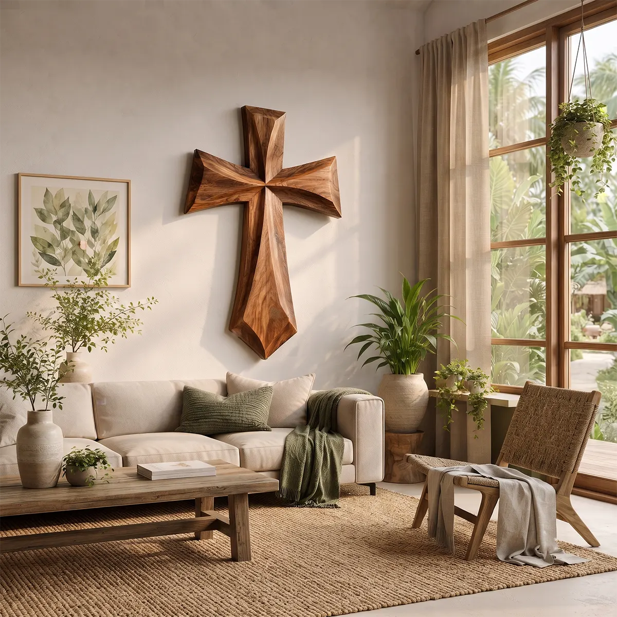 Wooden Cross Wall Art | Large Hand-Carved Christian Cross Wall Decor for Living Room, Prayer Room & Farmhouse Home TT006-2585