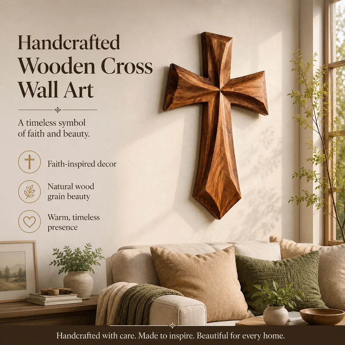 Wooden Cross Wall Art | Large Hand-Carved Christian Cross Wall Decor for Living Room, Prayer Room & Farmhouse Home TT006-2585