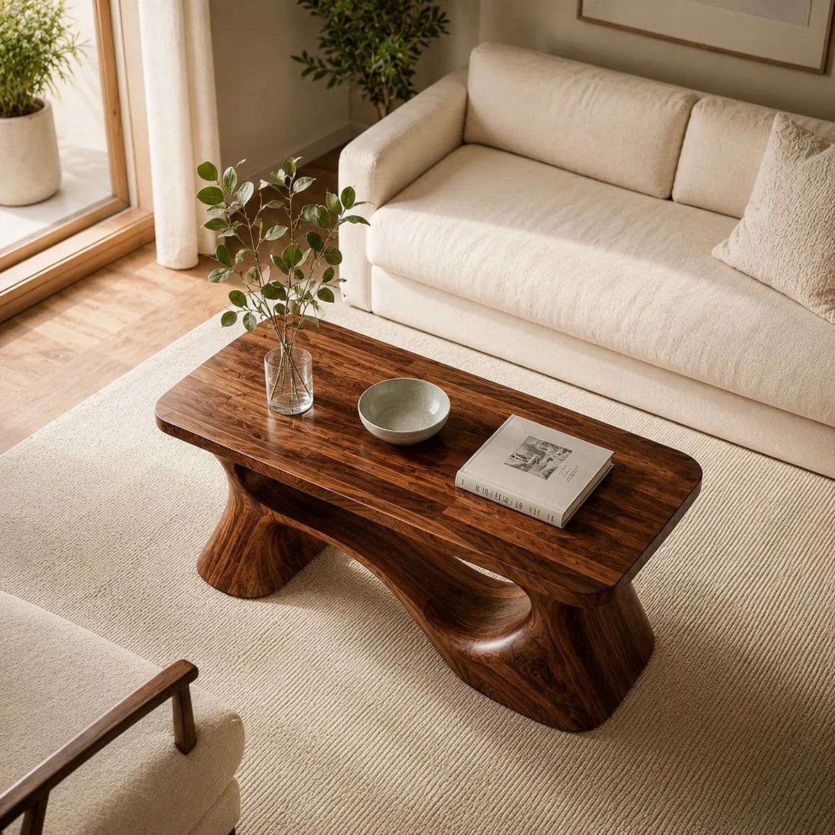 Handcrafted Solid Wood Coffee Table with Sculptural Curved Base TT006-4462