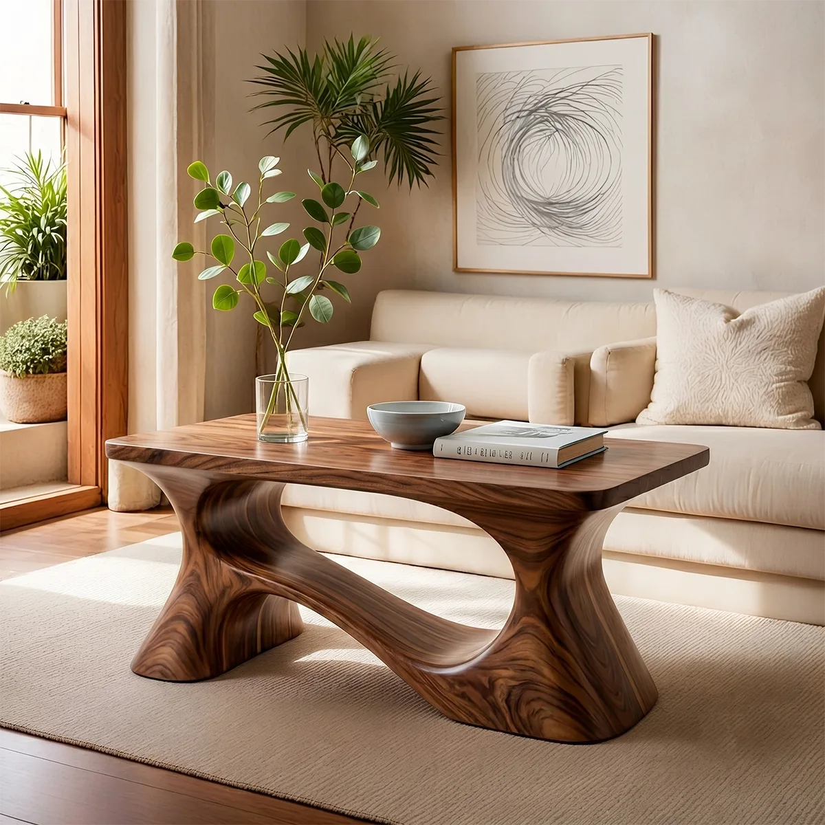 Handcrafted Solid Wood Coffee Table with Sculptural Curved Base TT006-4462