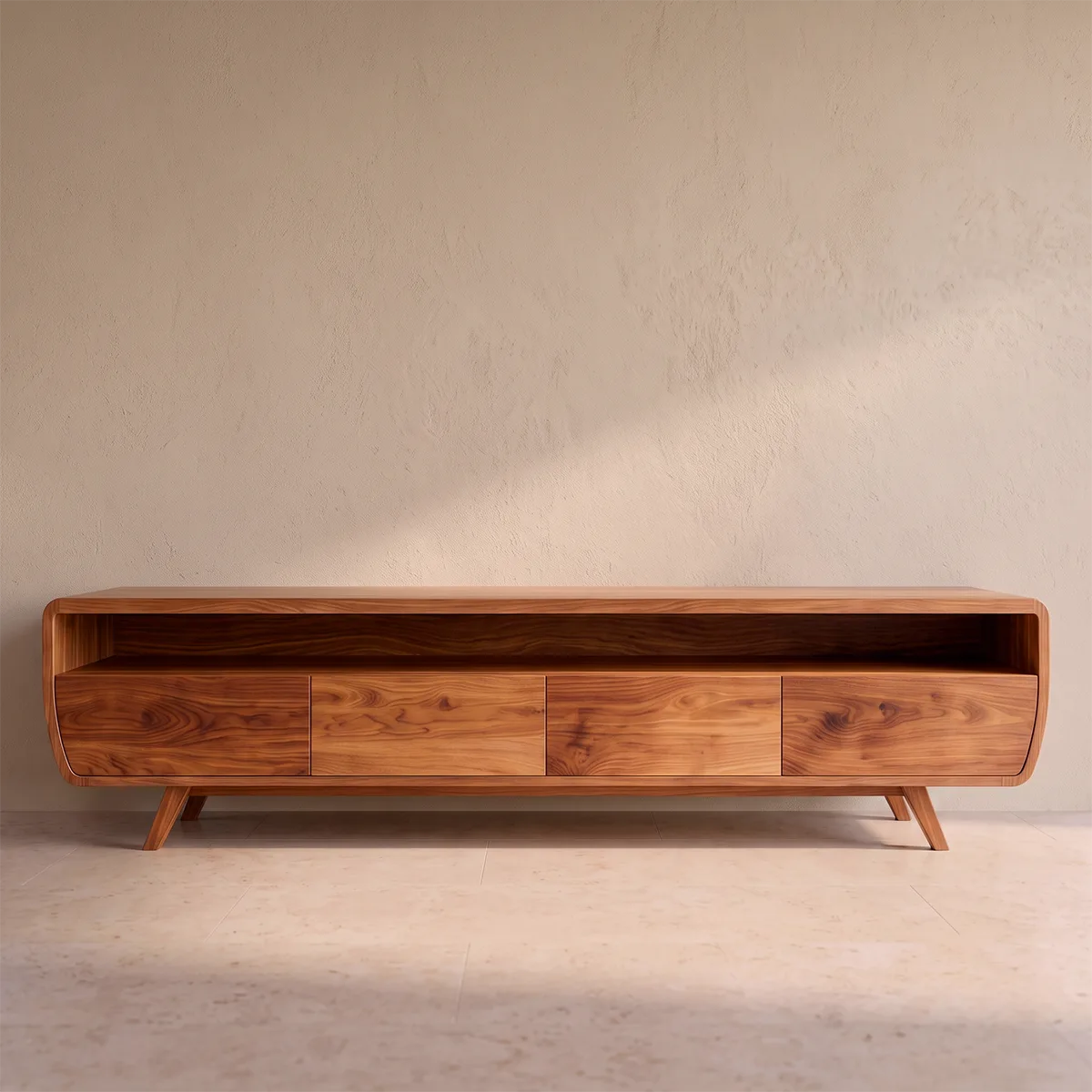Modern Curved TV Stand with 4 Enclosed Storage Compartments & Open Media Shelf TT006-3ZIP1NK