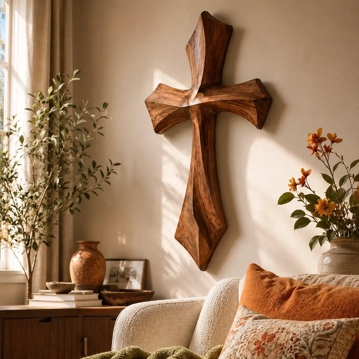 Wooden Cross Wall Art | Hand-Carved Rustic Christian Cross Wall Decor for Living Room, Bedroom & Prayer Room TT006-6650