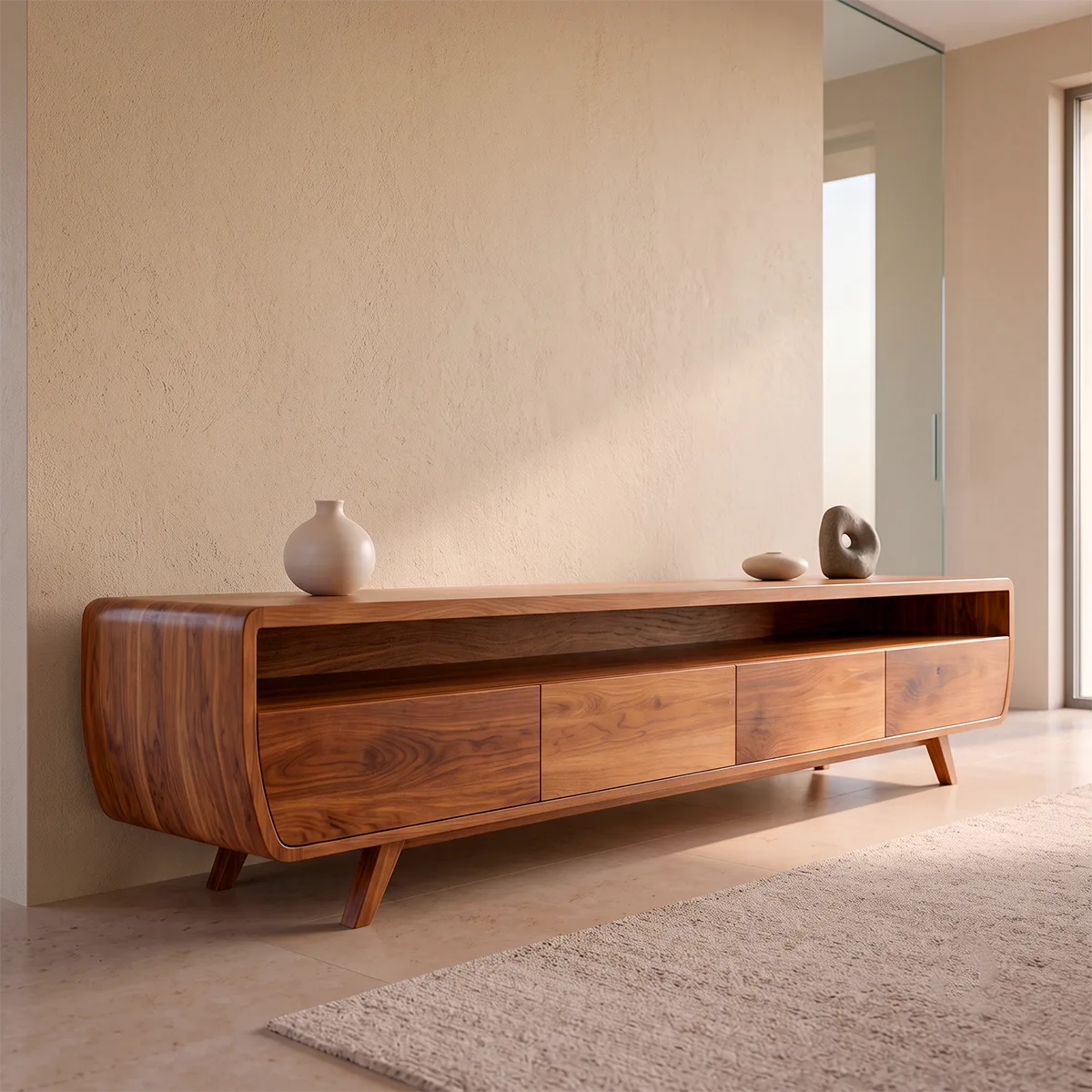 Modern Curved TV Stand with 4 Enclosed Storage Compartments & Open Media Shelf TT006-3ZIP1NK