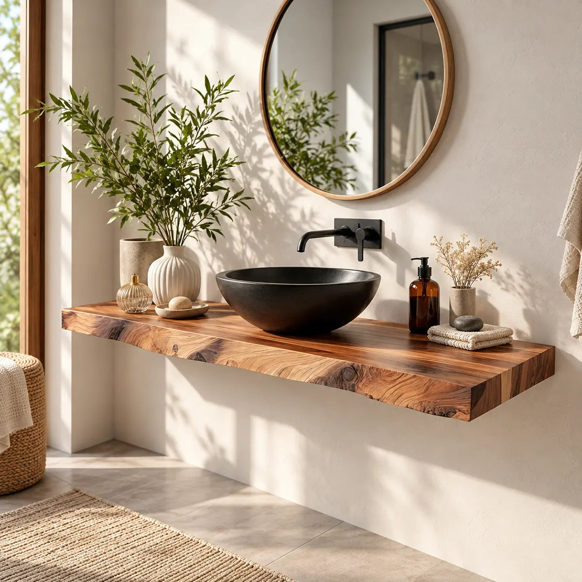 Organic Edge Floating Bathroom Vanity | Thick Wall Mounted Vanity Countertop TT006-5GES4EE