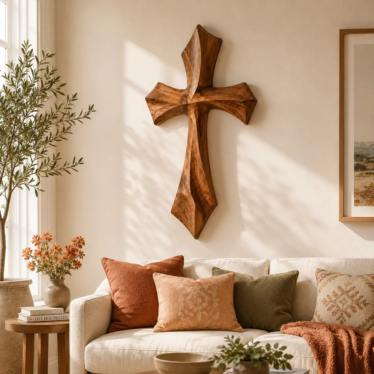 Wooden Cross Wall Art | Hand-Carved Rustic Christian Cross Wall Decor for Living Room, Bedroom & Prayer Room TT006-6650