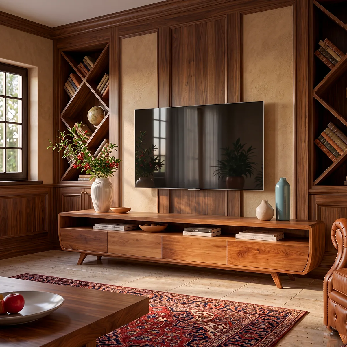 Modern Curved TV Stand with 4 Enclosed Storage Compartments & Open Media Shelf TT006-3ZIP1NK