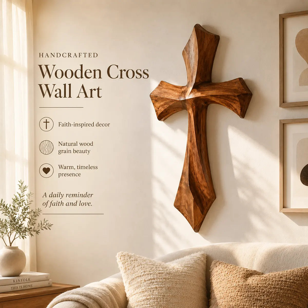 Wooden Cross Wall Art | Hand-Carved Rustic Christian Cross Wall Decor for Living Room, Bedroom & Prayer Room TT006-6650