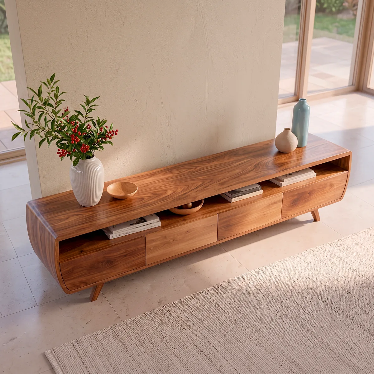 Modern Curved TV Stand with 4 Enclosed Storage Compartments & Open Media Shelf TT006-3ZIP1NK