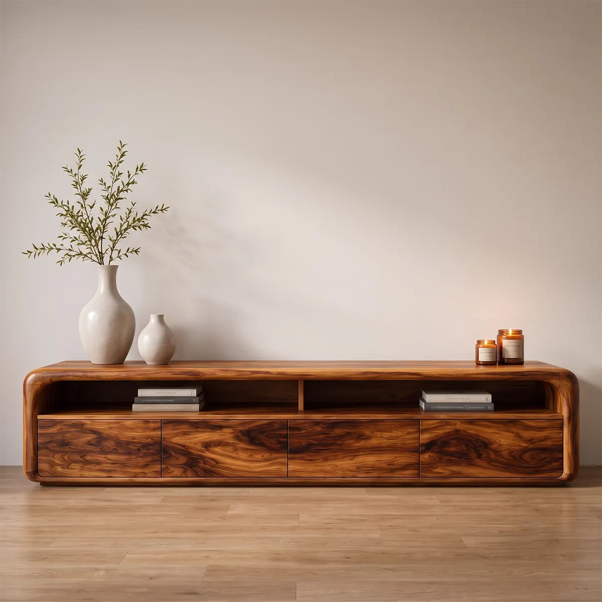 Modern Curved TV Stand with 4 Enclosed Storage Compartments & Open Shelves TT006-5AFF2JH