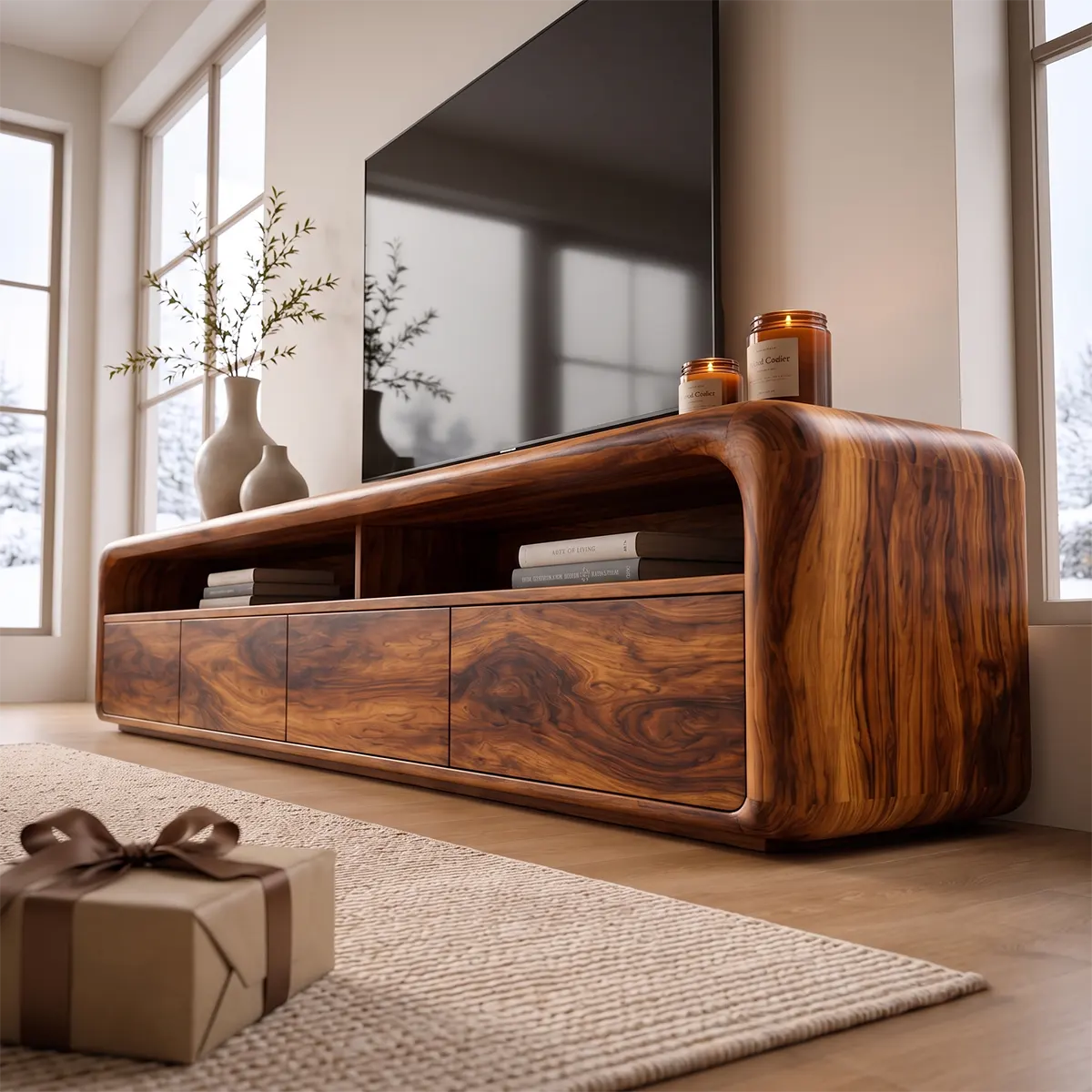 Modern Curved TV Stand with 4 Enclosed Storage Compartments & Open Shelves TT006-5AFF2JH