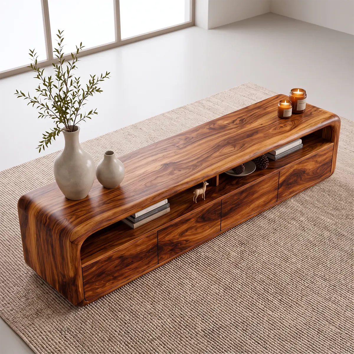 Modern Curved TV Stand with 4 Enclosed Storage Compartments & Open Shelves TT006-5AFF2JH