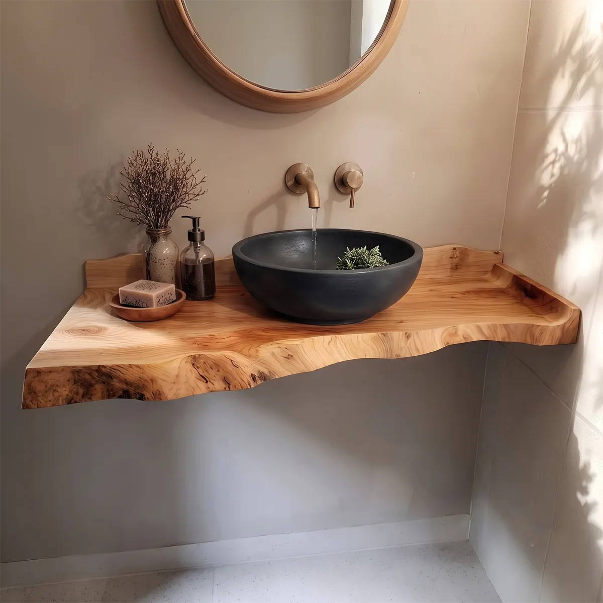 Live Edge Floating Bathroom Vanity with Raised Backsplash | Wall Mounted Vanity Top TT006-5ULC3BS