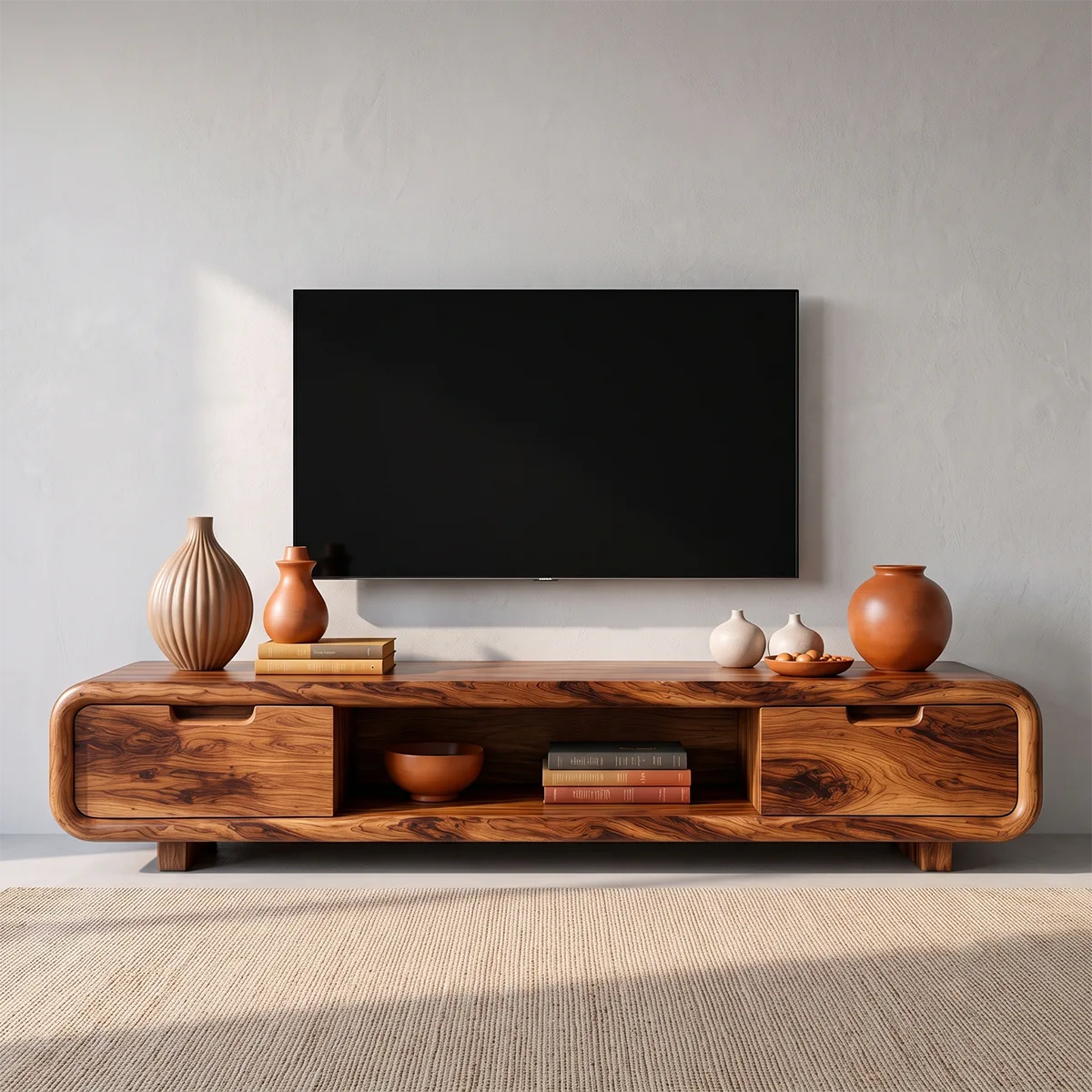 Modern Curved TV Stand with Enclosed Storage & Open Media Shelves TT006-2ORA2EF