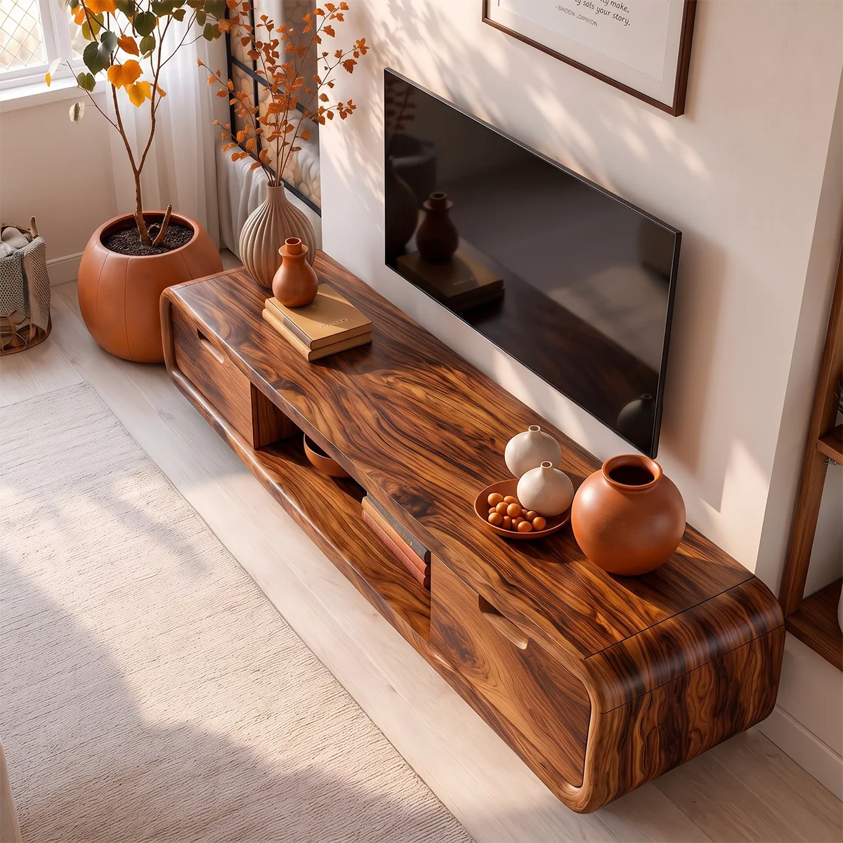 Modern Curved TV Stand with Enclosed Storage & Open Media Shelves TT006-2ORA2EF