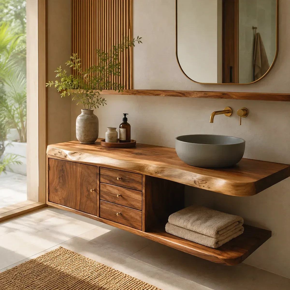 Floating Bathroom Vanity with 3 Drawers & Open Shelf | Modern Organic Design TT006-1XDO9BG