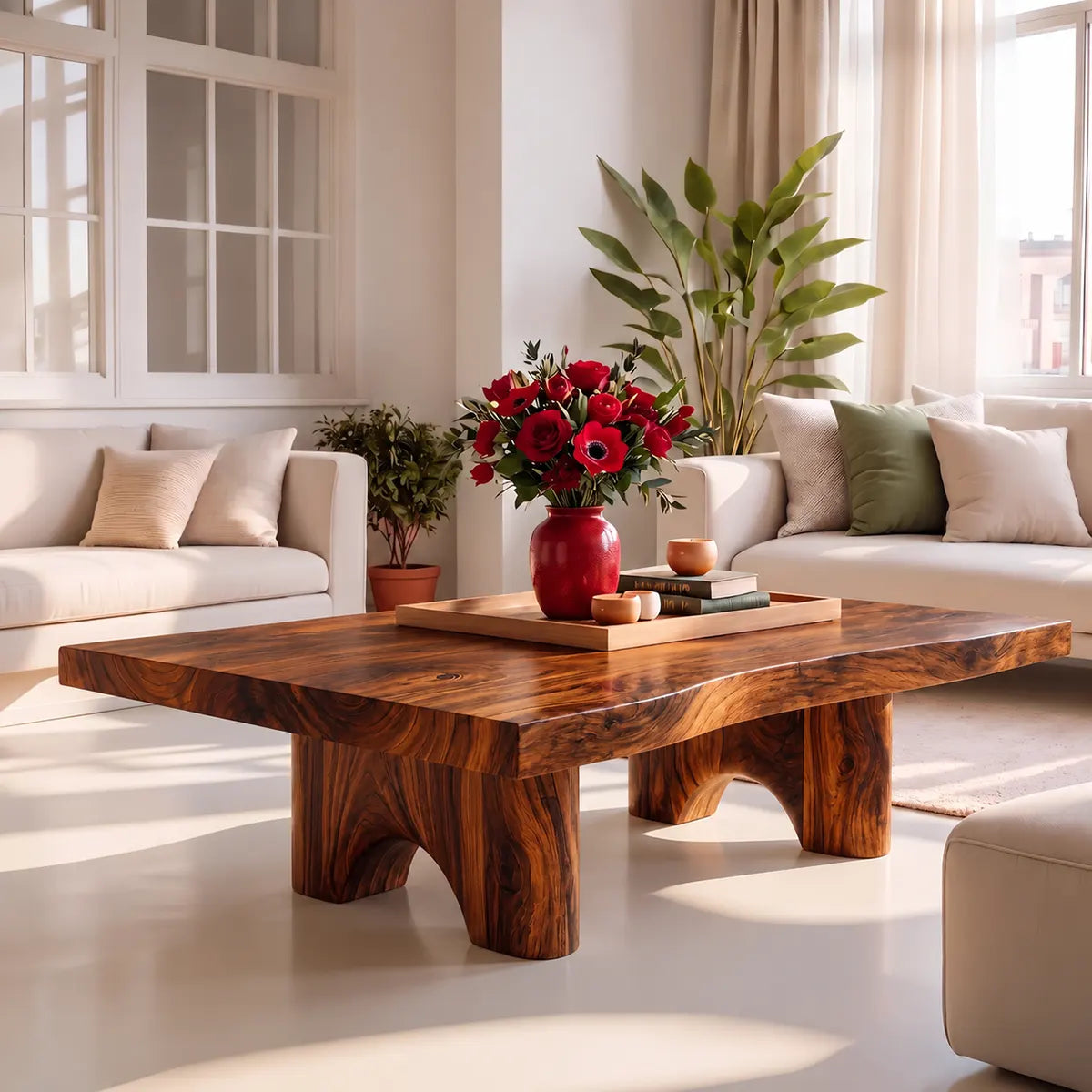 Organic Edge Rectangular Coffee Table with Sculptural Arch Legs | Modern Living Room Center Table TT006-7XWW2BL