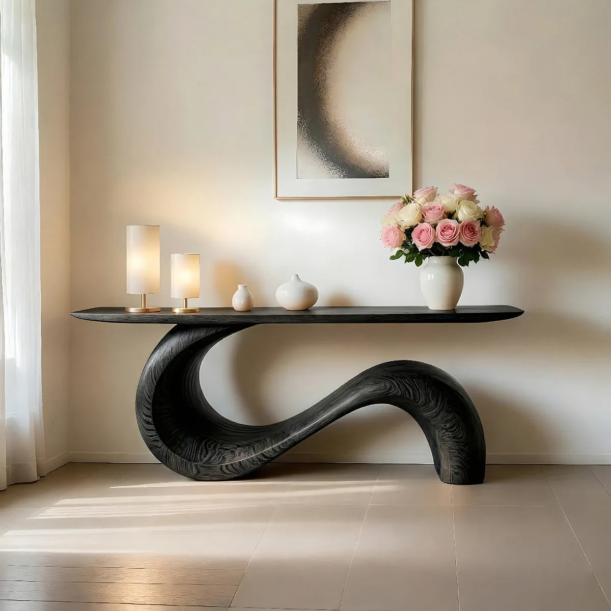 Sculptural Solid Wood Console Table with Flowing S-Curve Base