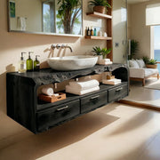 Floating Solid Wood Bathroom Vanity with Live Edge Top, Open Shelf, and 3 Drawers
