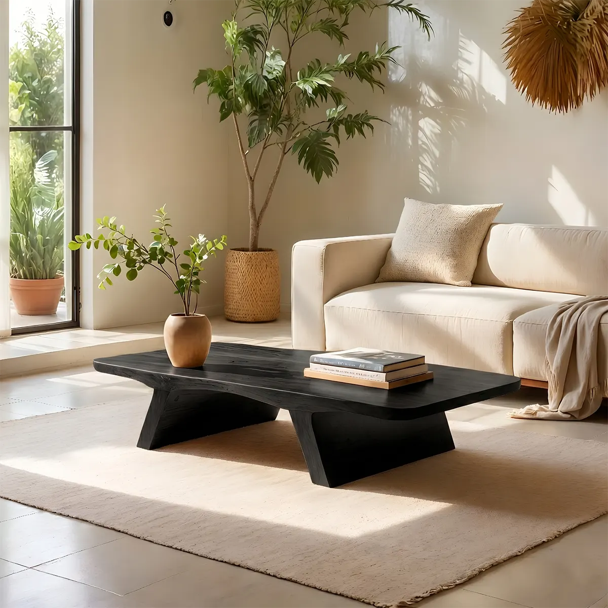 Solid Wood Live Edge Coffee Table with Sculptural Tapered Base