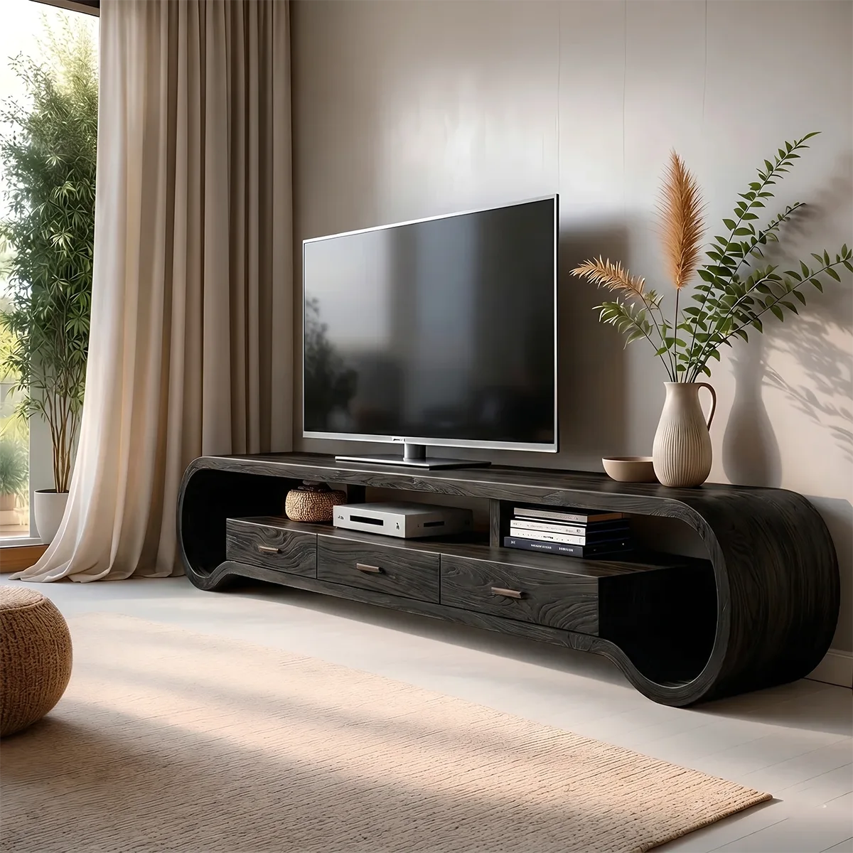 Modern Solid Wood Sculptural Loop TV Stand with Drawers
