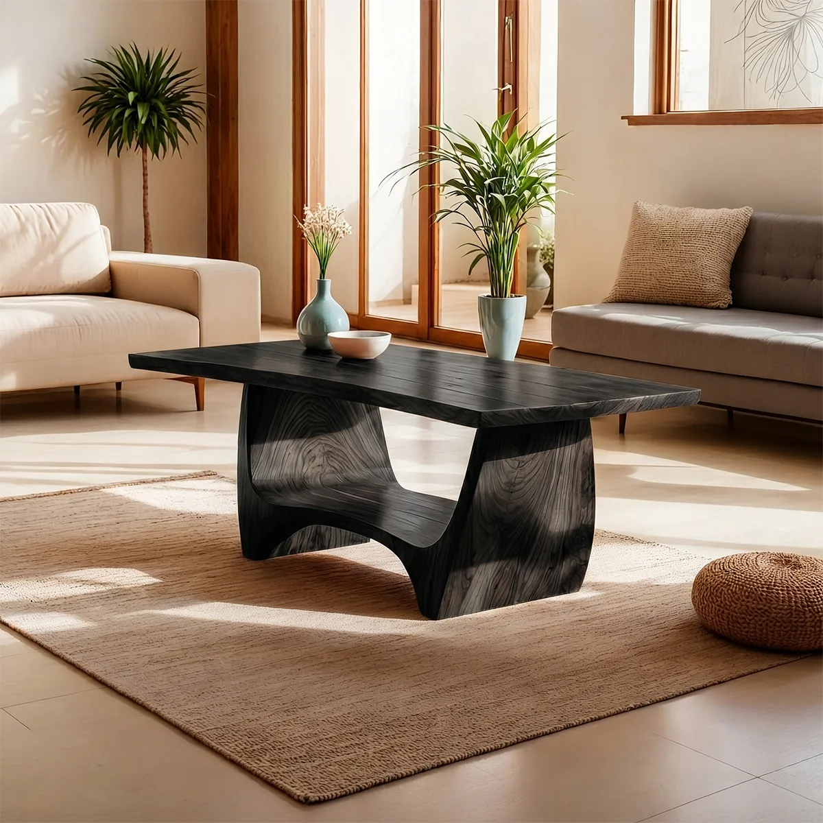 Handcrafted Solid Wood Coffee Table – Modern Rustic Sculptural Center Table