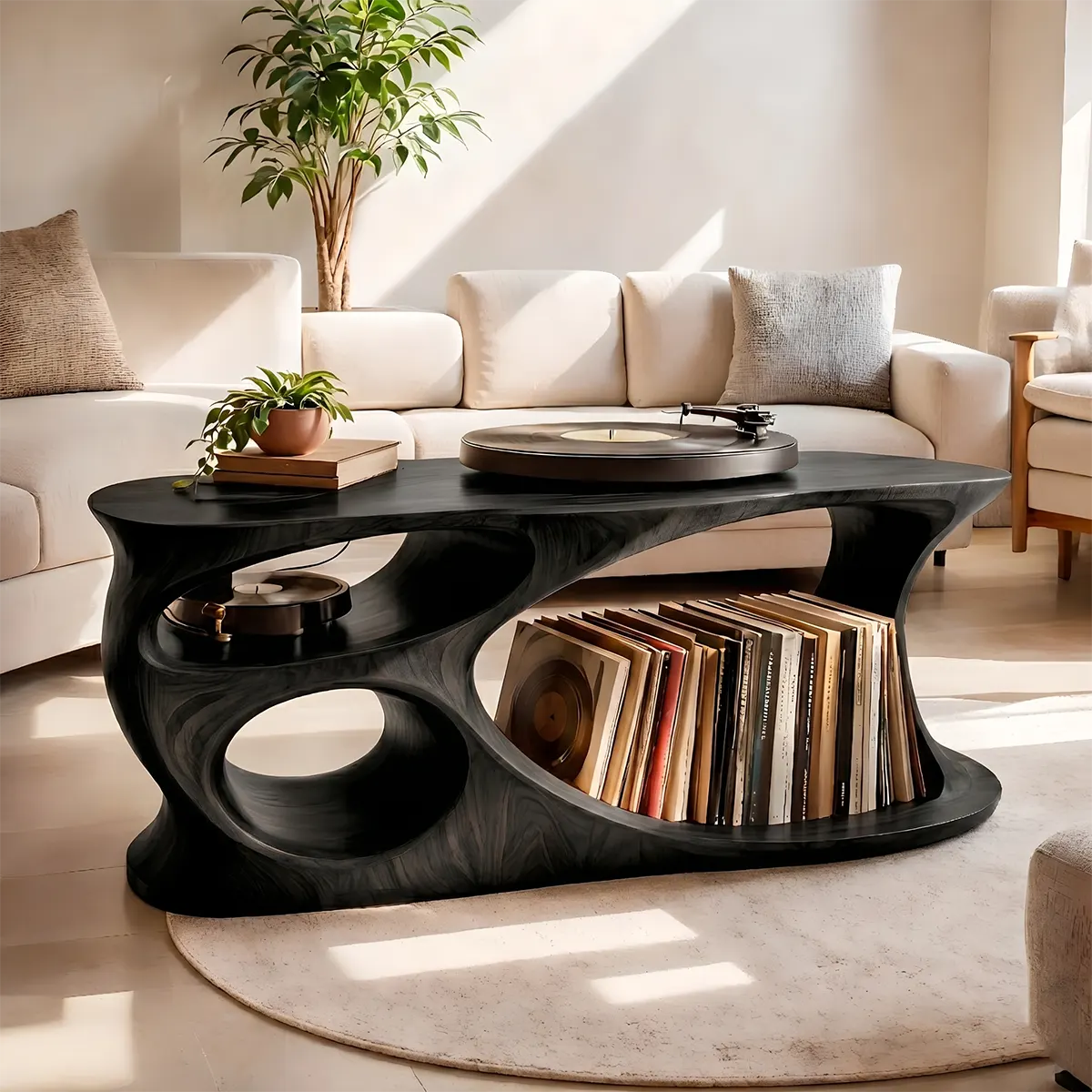 Solid Wood Record Player Stand with Vinyl Storage Shelves