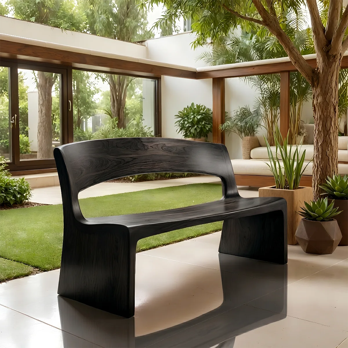 Handcrafted Solid Wood Outdoor Bench Minimalist Sculptural Garden Bench with Backrest