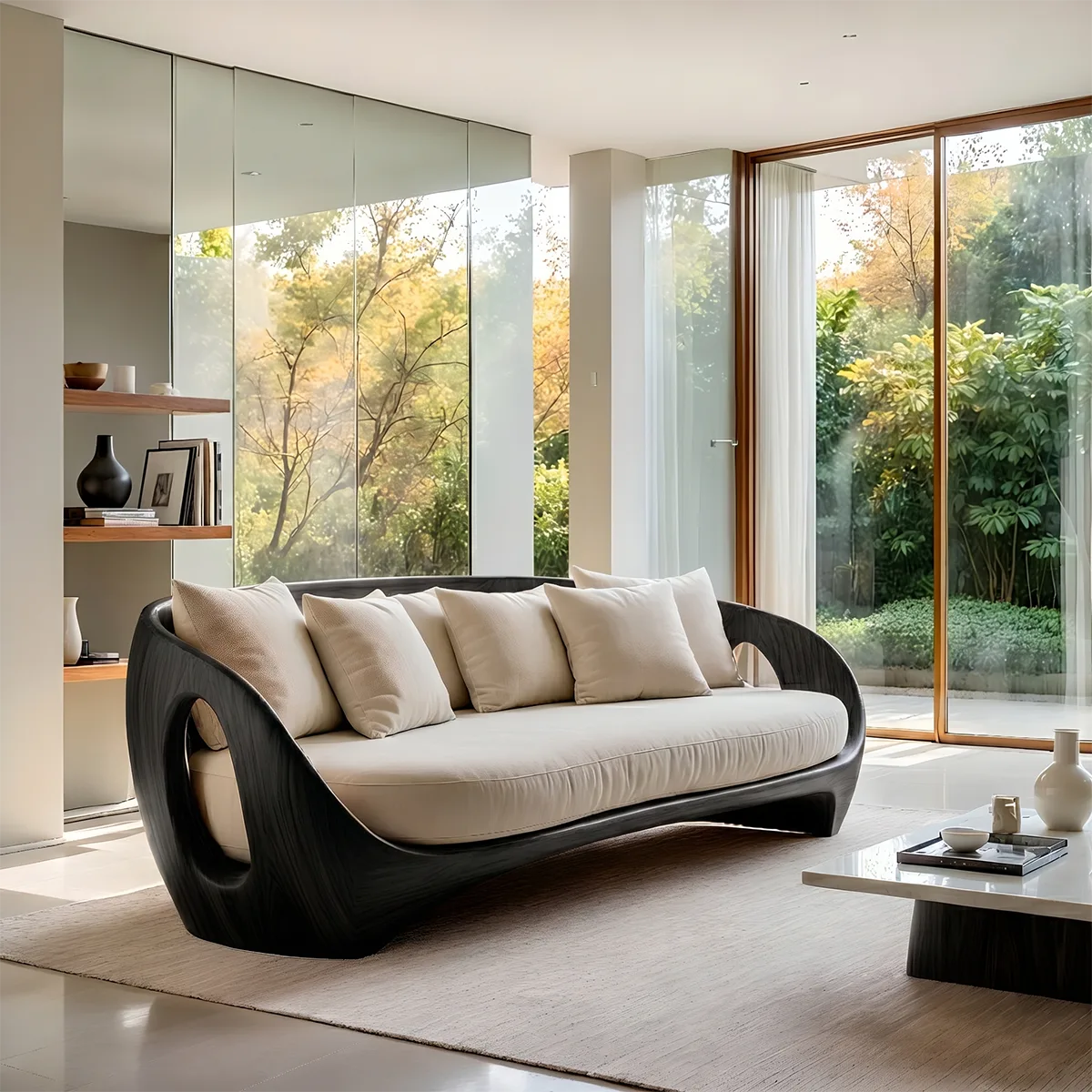 Luxury Organic Modern Sculptural Solid Wood Sofa with Curved Frame