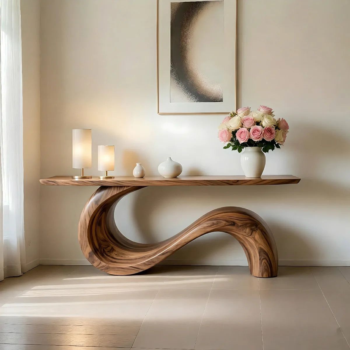 Sculptural Solid Wood Console Table with Flowing S-Curve Base