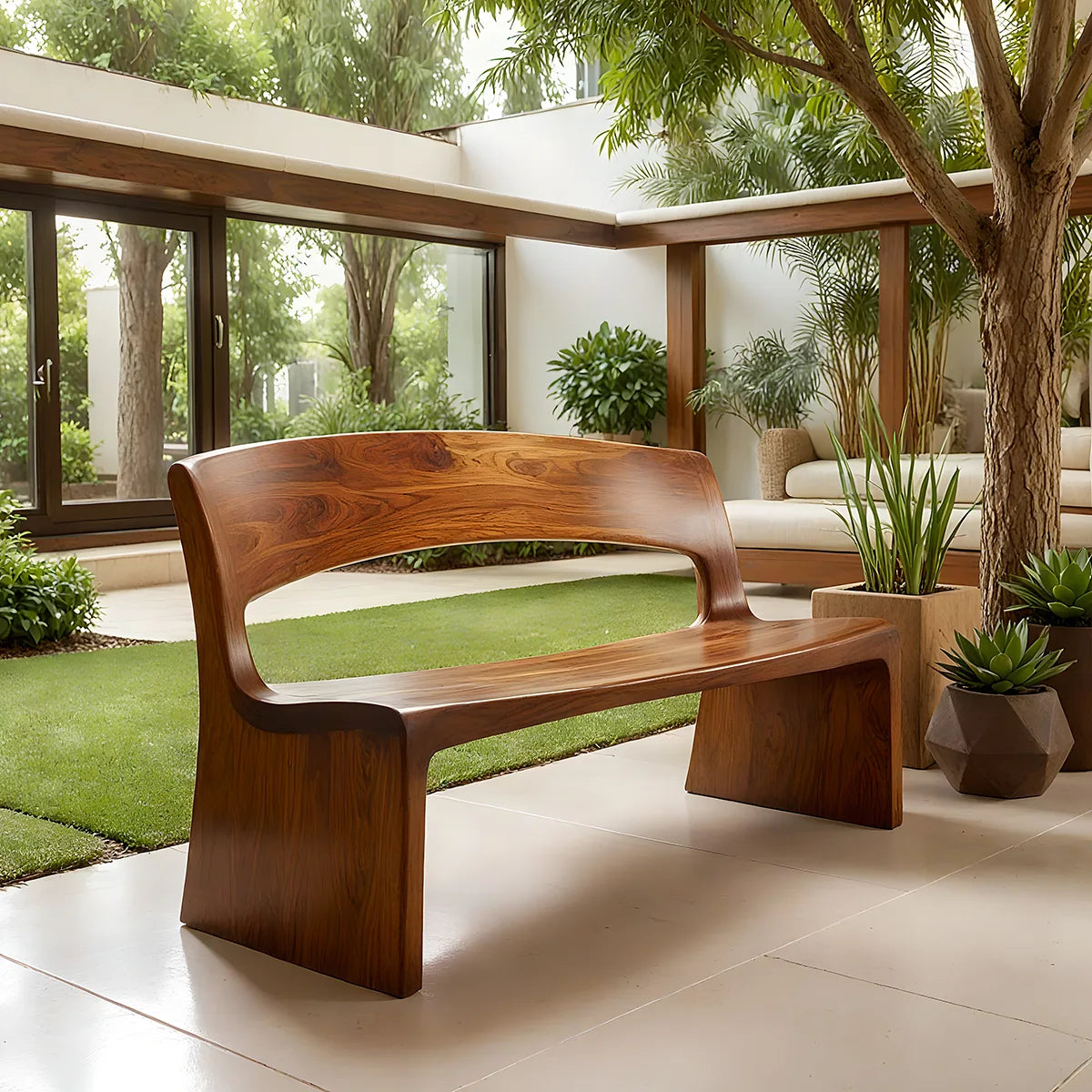 Handcrafted Solid Wood Outdoor Bench Minimalist Sculptural Garden Bench with Backrest