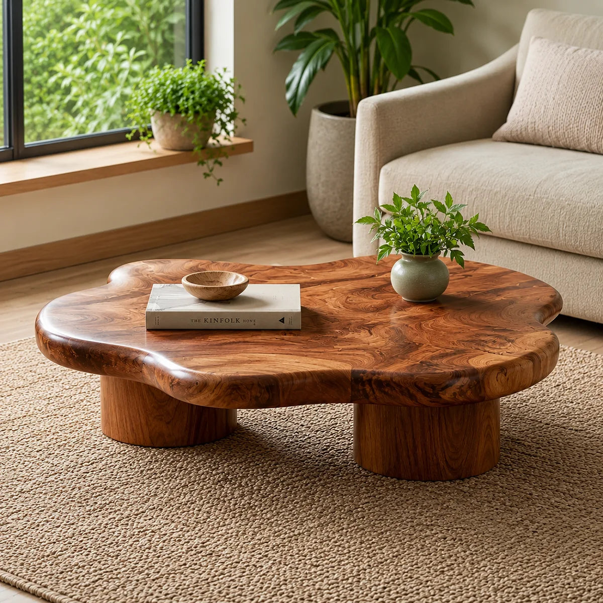 Organic Solid Wood Coffee Table | Freeform Hardwood Coffee Table with Sculptural Pedestal Base TT006-7051