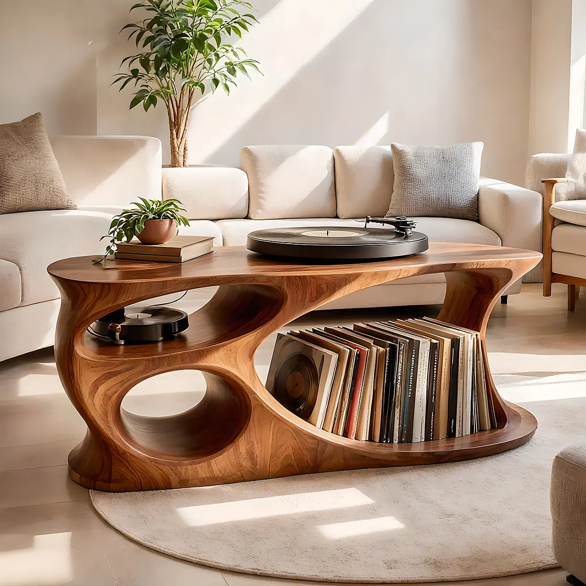 Solid Wood Record Player Stand with Vinyl Storage Shelves
