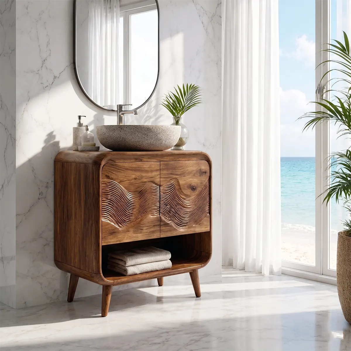 Wave Carved Bathroom Vanity with Open Shelf Storage TT006-1605