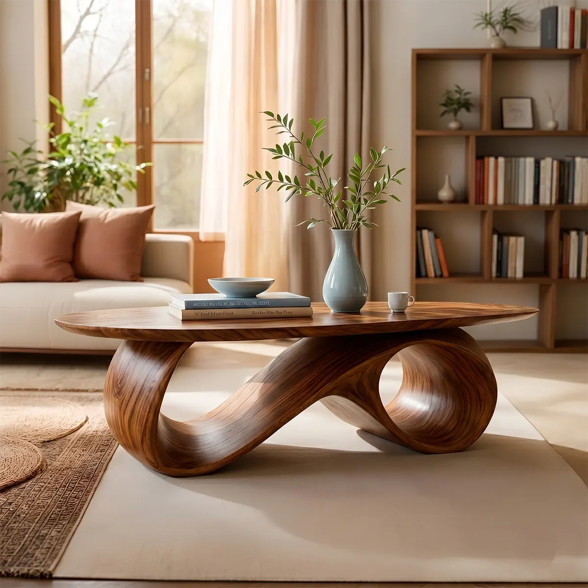 Organic Coffee Table, Sculptural Wood Coffee Table, Modern Oval Living Room Center Table TT006-5012