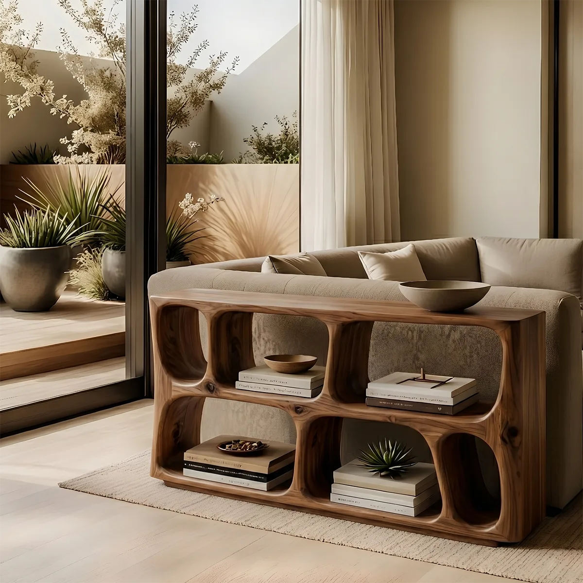 Wood Sofa Table, Console Table Behind Sofa, Organic Modern Storage Console Table HL020-5681